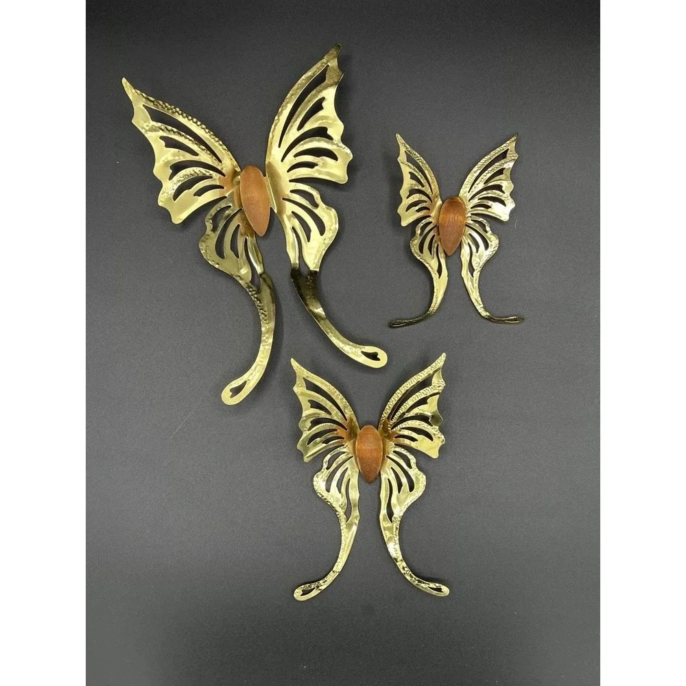 VTG Brass Butterfly Wall Hanging‎ Decor Lot 3 Pc Set Metal Wood Gold MCM